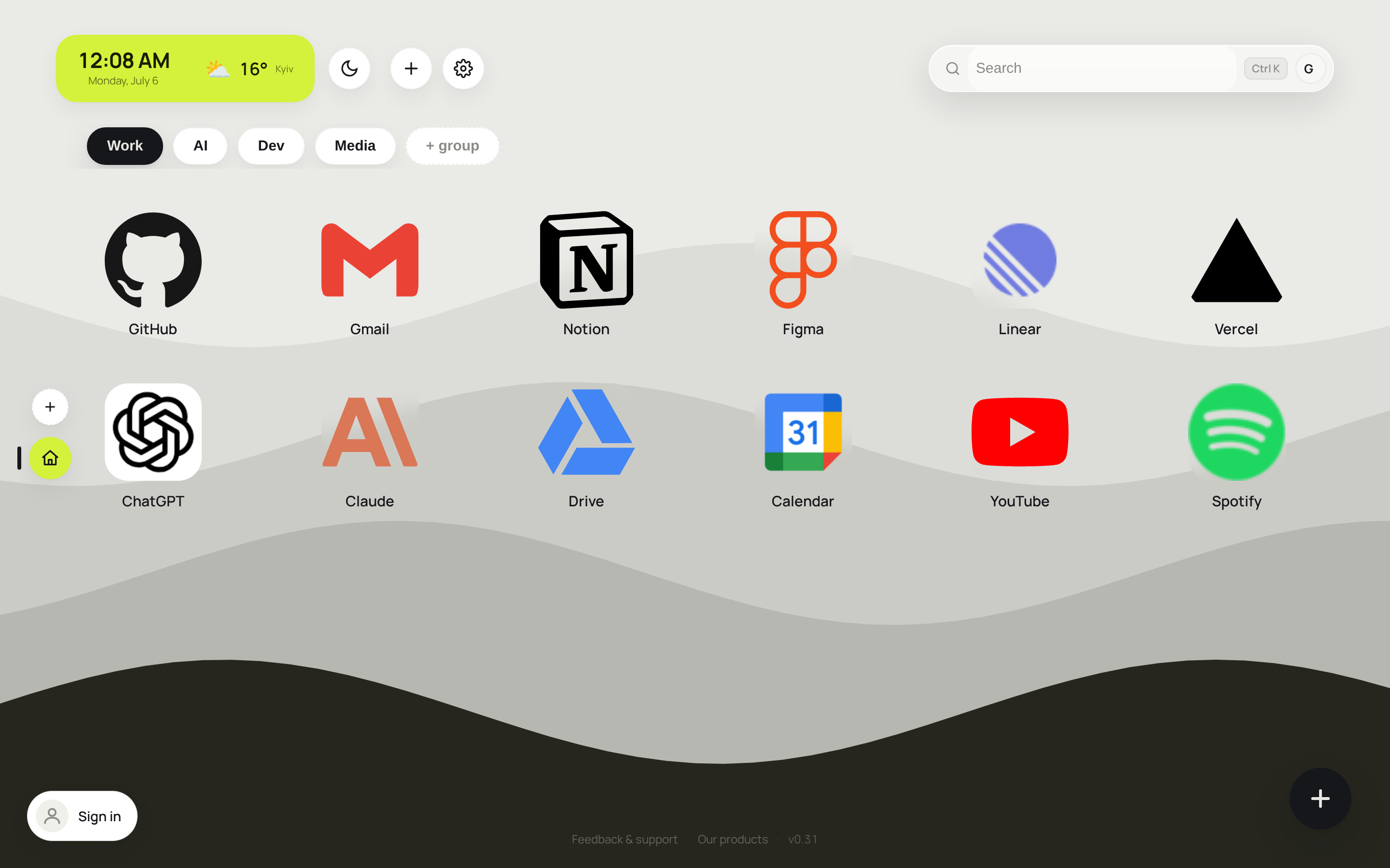 Kai Dial new tab — clock and weather widget, grouped app-style bookmark tiles, command search bar
